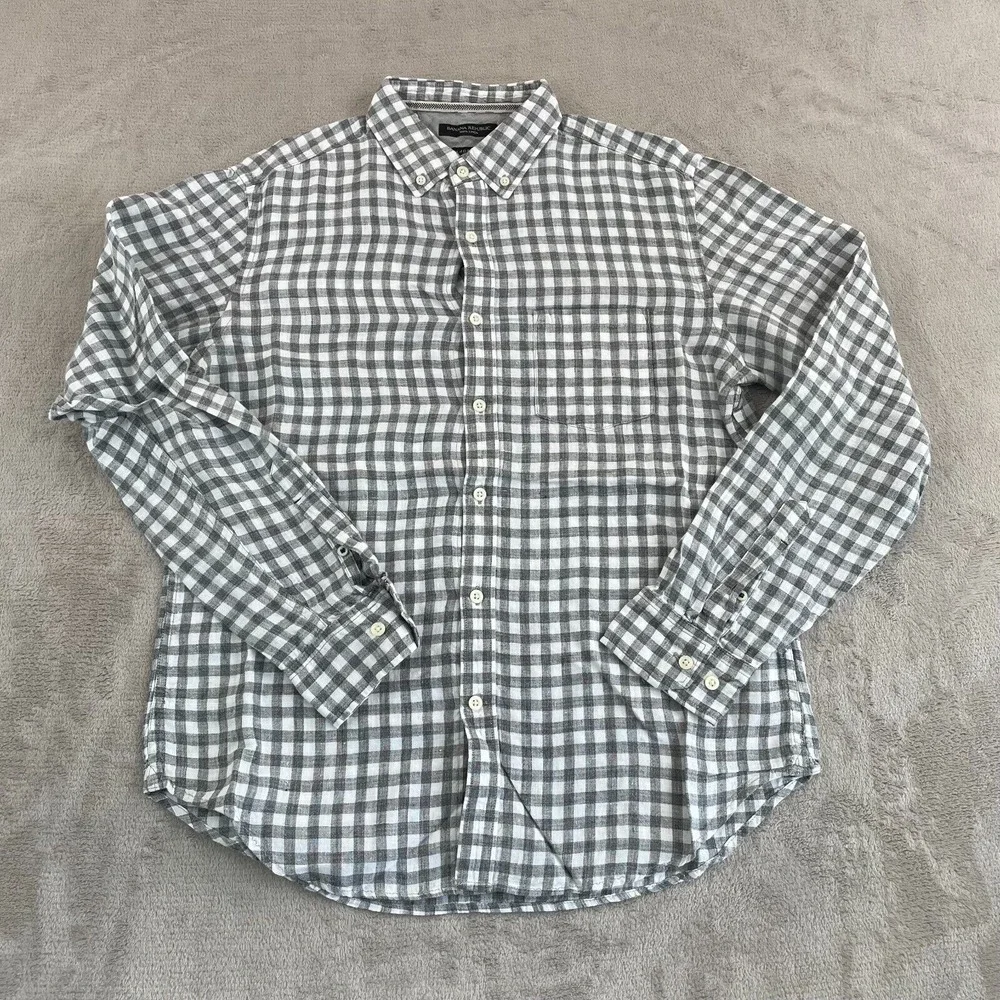 Banana Republic Shirt Men Medium Grey Check 100% Linen Camden‎ Fit Preppy LS